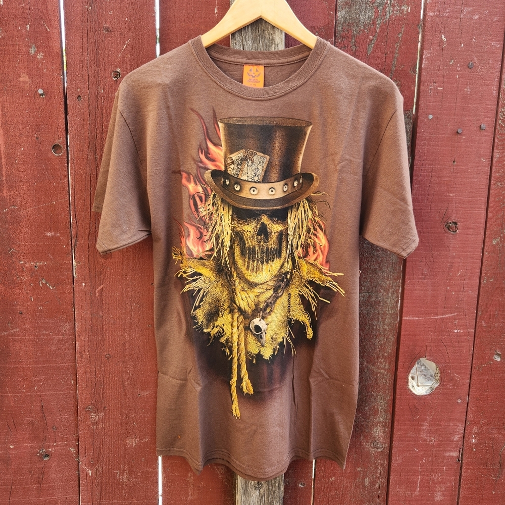 Happy Halloween Scarecrow Skull Flames Graphic T-Shirt Size M New with Tags